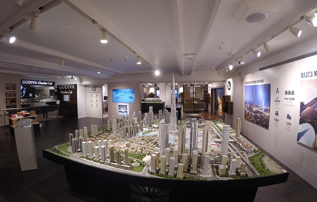 Models of buildings at real estate showcase, Harrods